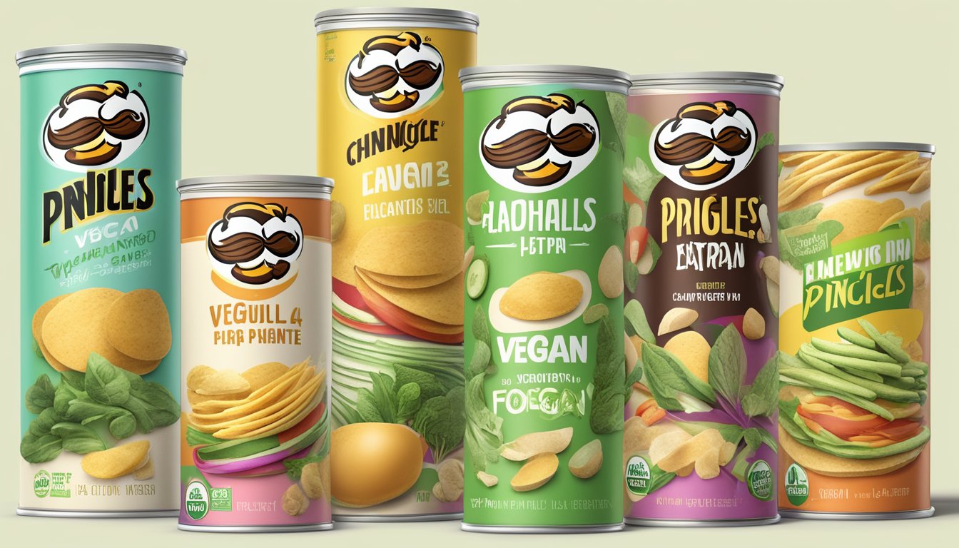 A stack of Pringles surrounded by various plant-based foods and a "vegan" label