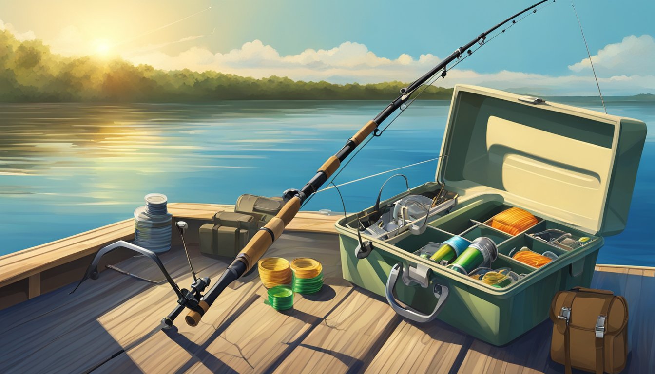 A fishing rod and reel are set up on a boat deck, with a tackle box and bait nearby. The Florida sun shines down on the calm, blue waters