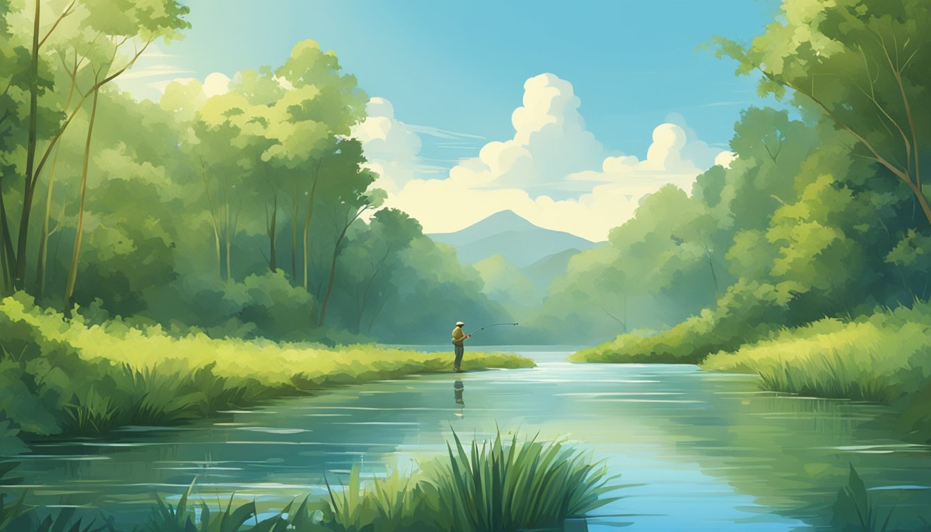 A serene river with a fisherman casting a line, surrounded by lush greenery and a clear blue sky