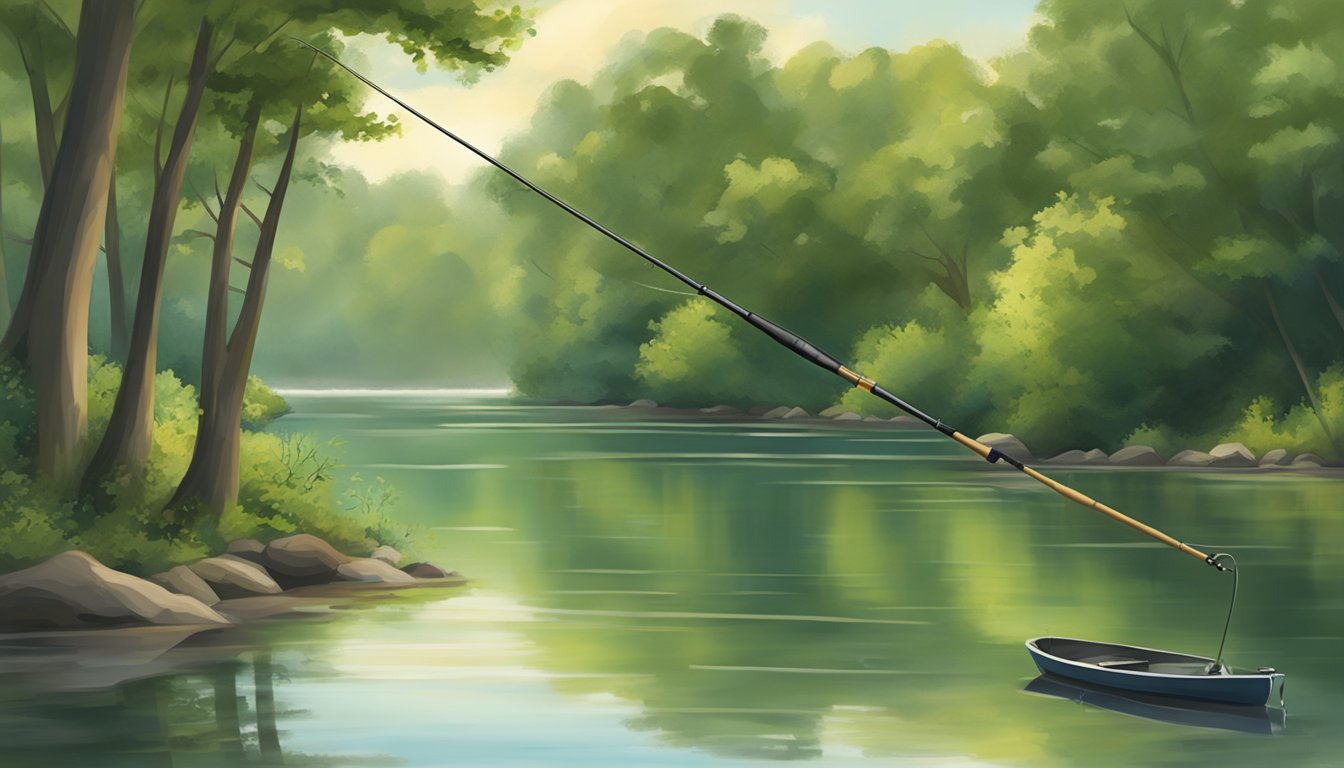 A serene riverbank in Delaware, with a fishing rod and a fishing license displayed. The water is calm, and the surrounding trees are lush and green