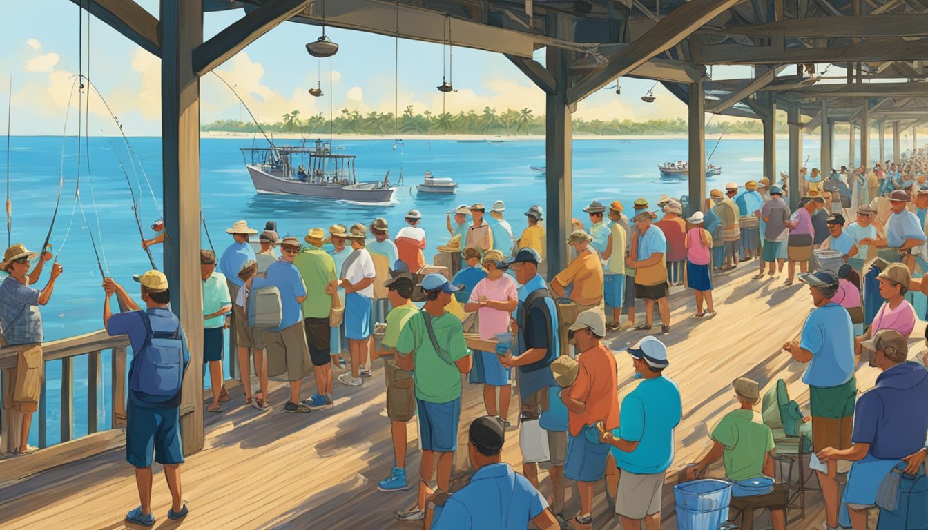 A bustling fishing tournament on a Florida pier, with anglers casting lines into the sparkling blue waters as onlookers cheer and vendors sell bait and refreshments