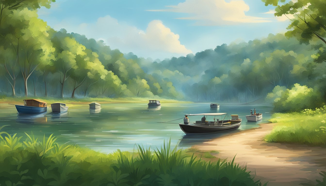 A serene riverbank with a calm river, surrounded by lush greenery and a few fishing boats anchored along the shore