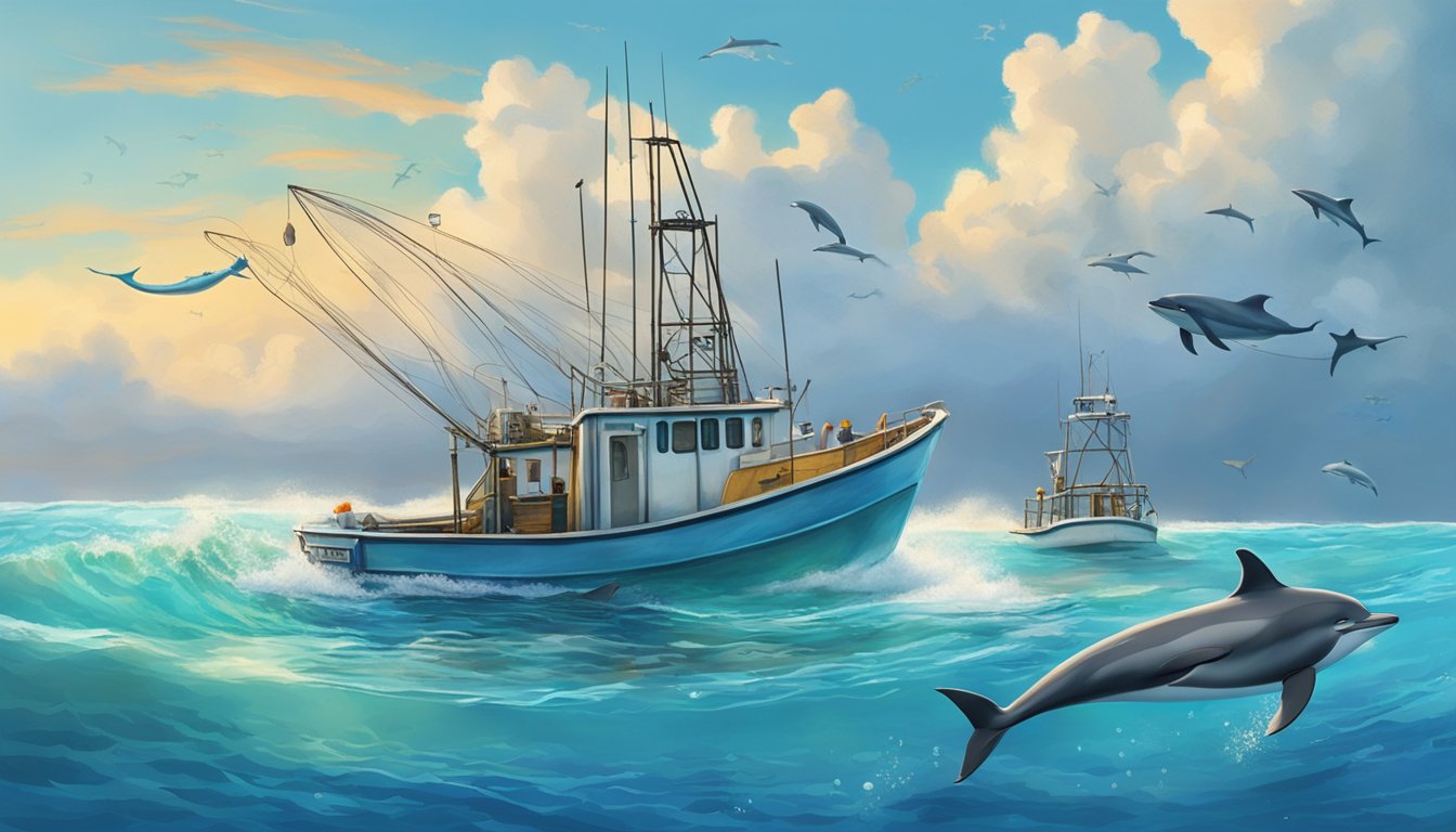 A fishing boat with a net collecting fish alongside a pod of dolphins in the clear blue waters of the Florida coast