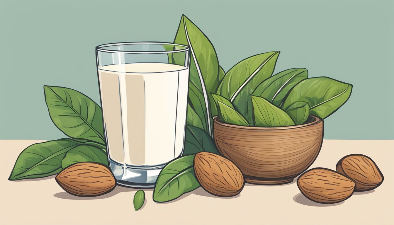 A glass of almond milk sits next to a pile of almonds and a leafy green plant, symbolizing the connection between almond milk and veganism