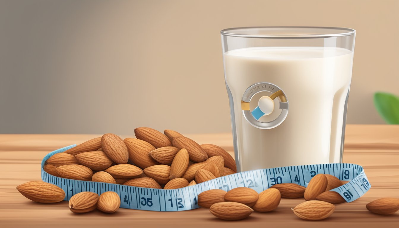 A glass of almond milk surrounded by almonds and a measuring tape, with a nutrition label in the background