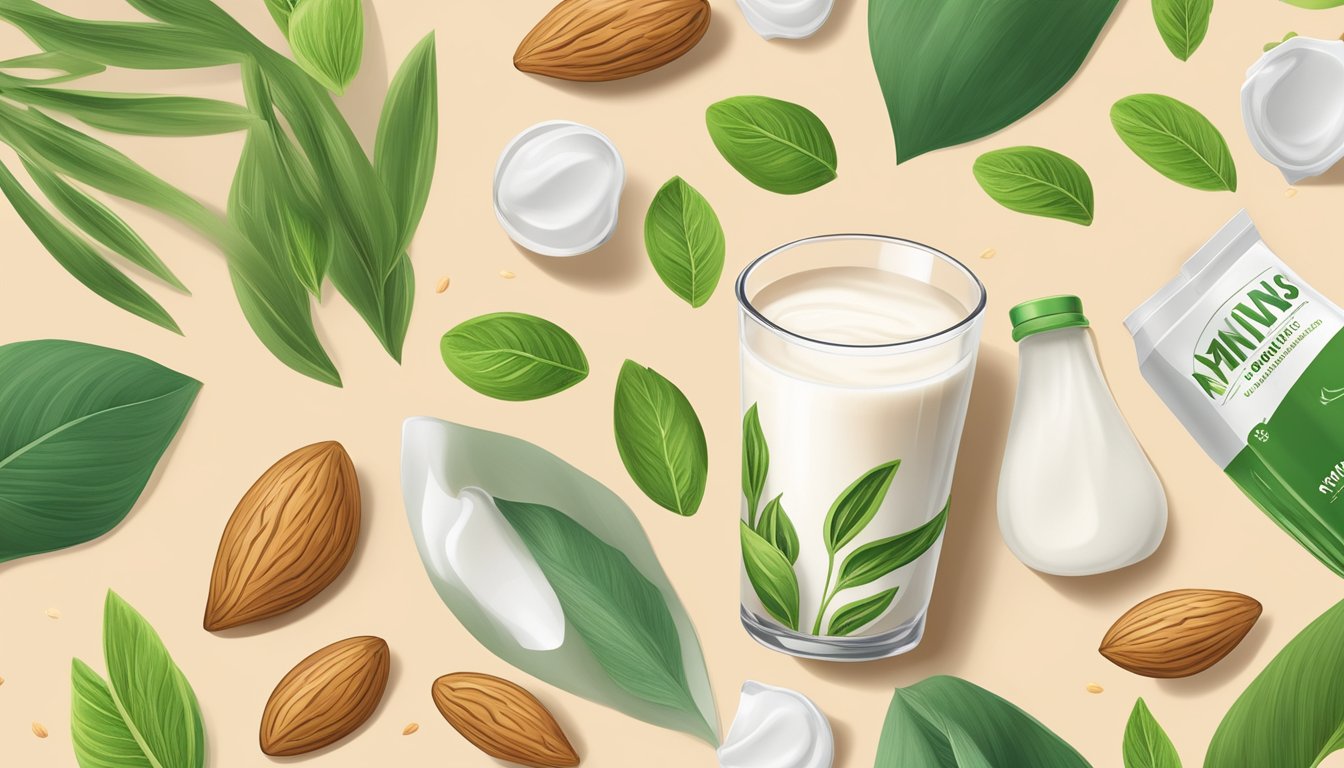 A glass of almond milk surrounded by plant-based ingredients and eco-friendly packaging