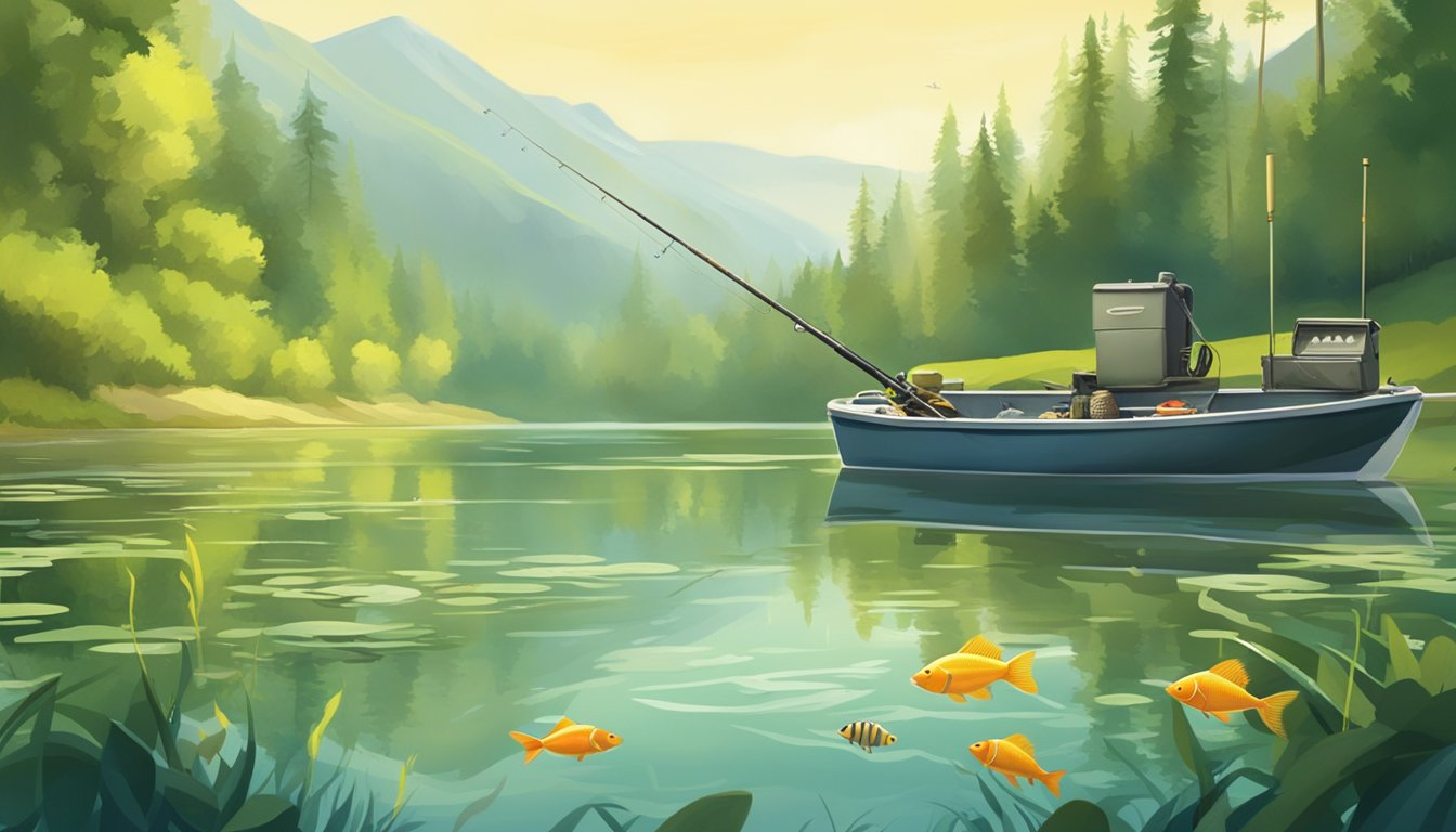 A sunny day at a calm river with lush greenery, a fishing rod and tackle box, and a variety of fish swimming in the clear water