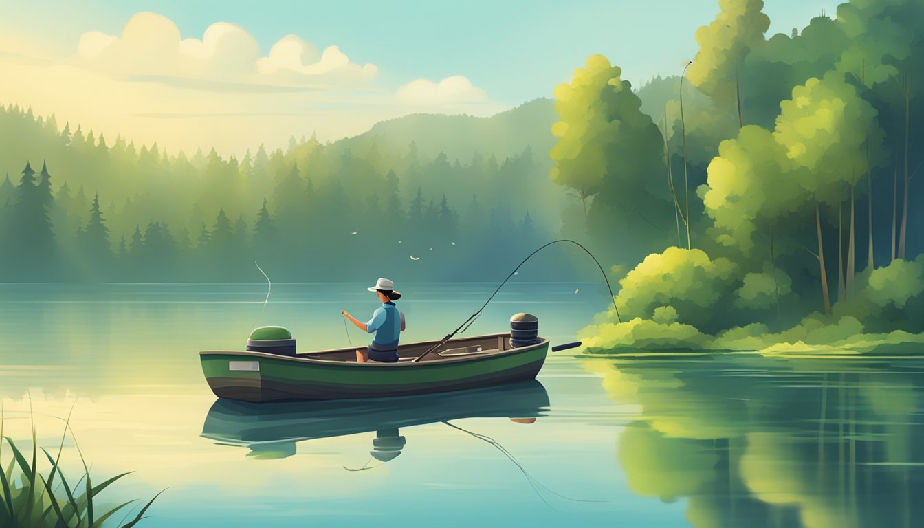 A serene lake surrounded by lush greenery, with a fishing rod and bobber floating on the water, waiting for a bite