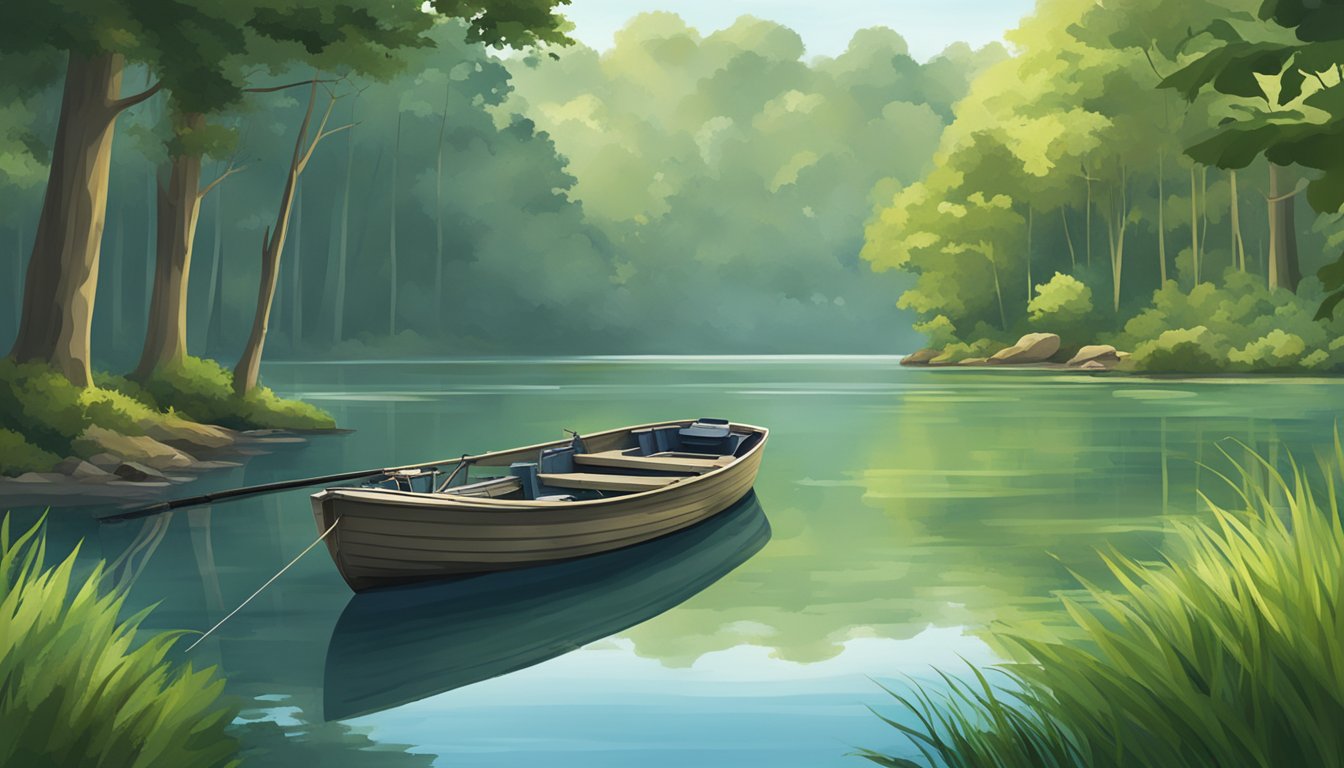 A serene lake surrounded by lush greenery, with a fishing boat and fishing gear ready for a day of saltwater fishing in Georgia