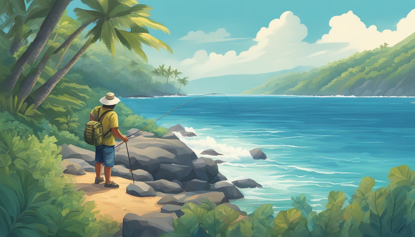 A fisherman stands on a rocky shore, casting a line into the clear blue waters of Hawaii. A fishing rod and tackle box sit nearby, surrounded by lush greenery