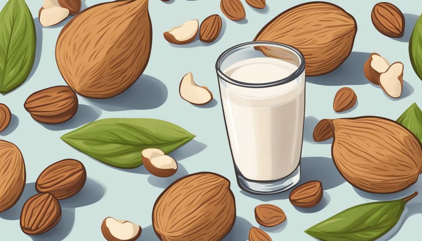 A glass of almond milk surrounded by various nuts and a "vegan" label