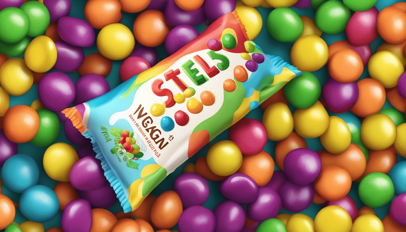 A colorful pile of skittles spilling out of a vegan-friendly label