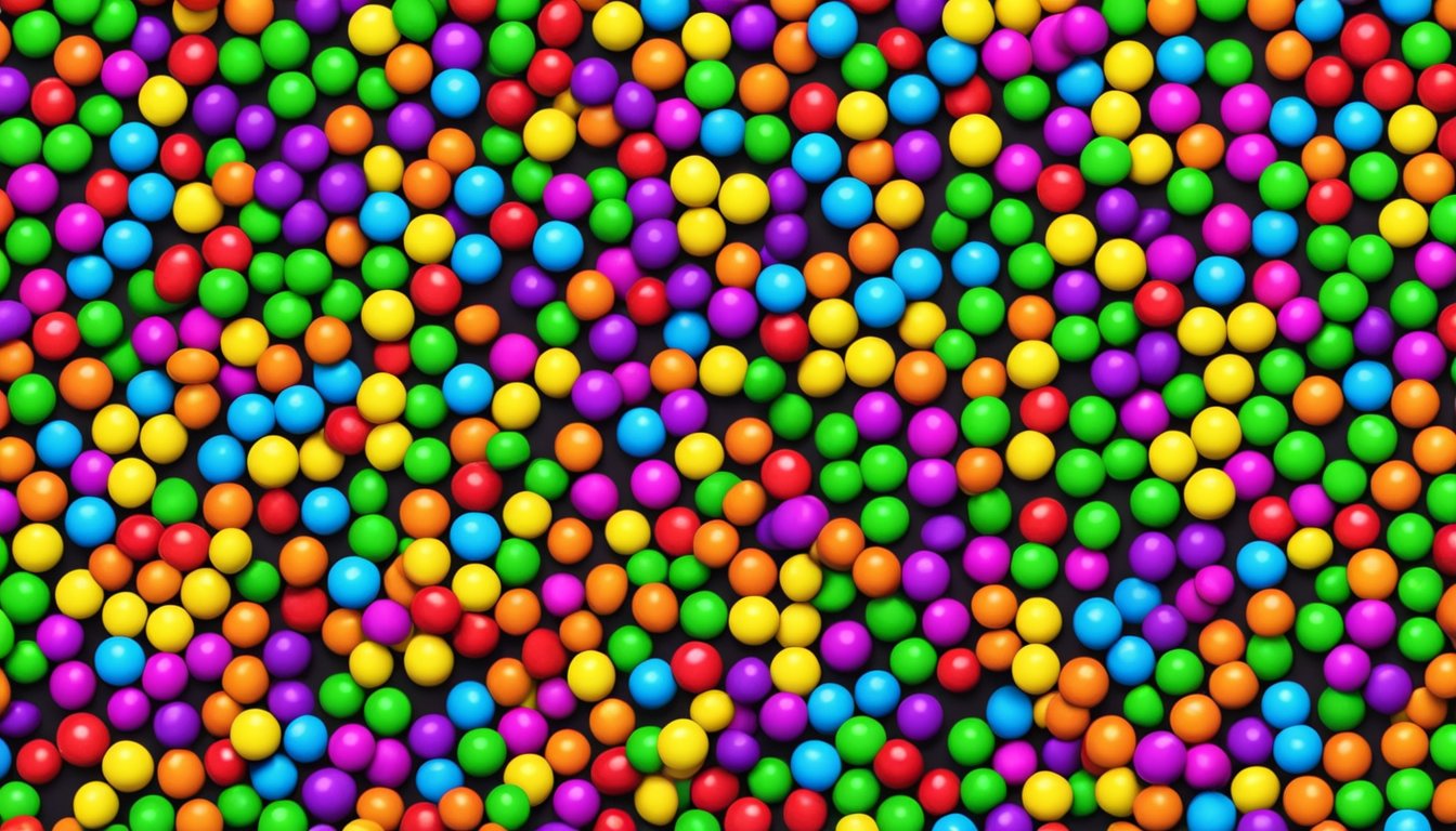 A colorful pile of Skittles arranged in a circular pattern, with the different flavors separated into distinct color groups