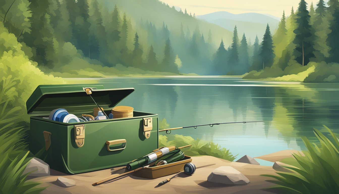 A tranquil lake surrounded by lush greenery, with a fishing rod and tackle box laid out on the shore