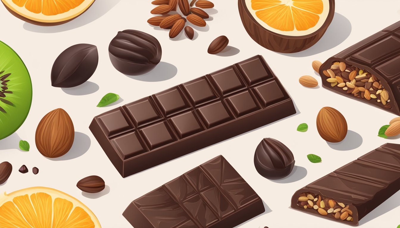 A bar of dark chocolate surrounded by a variety of vegan-friendly ingredients such as nuts, fruits, and grains