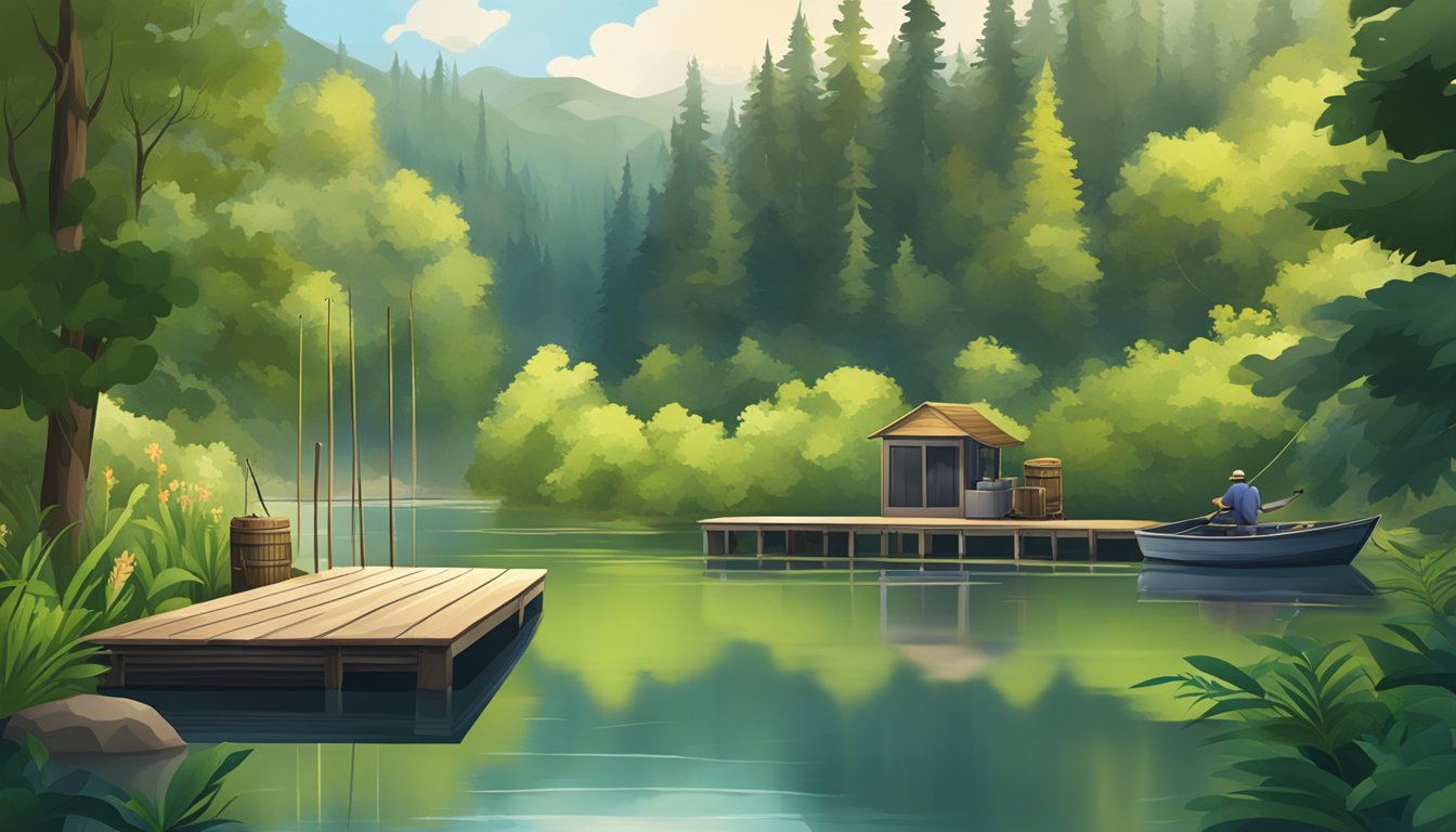 A serene lake surrounded by lush greenery, with a dock and fishing equipment available for use