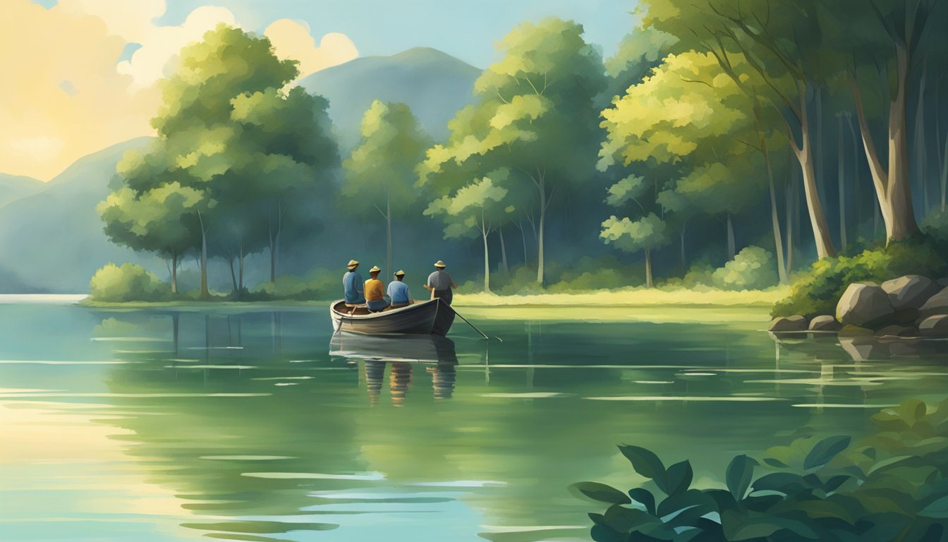 A serene lake surrounded by lush greenery, with a small fishing boat and a group of locals casting their lines into the calm water