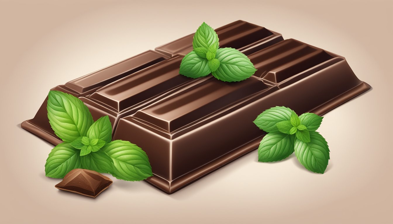 A bar of dark chocolate surrounded by cocoa beans and a sprig of mint