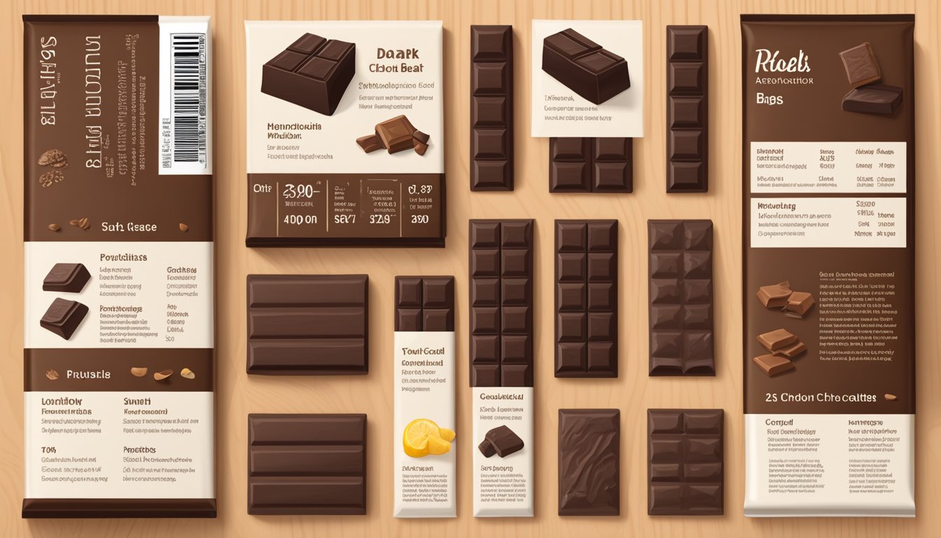 A variety of dark chocolate bars arranged on a wooden table, with ingredients and nutritional information visible on the packaging