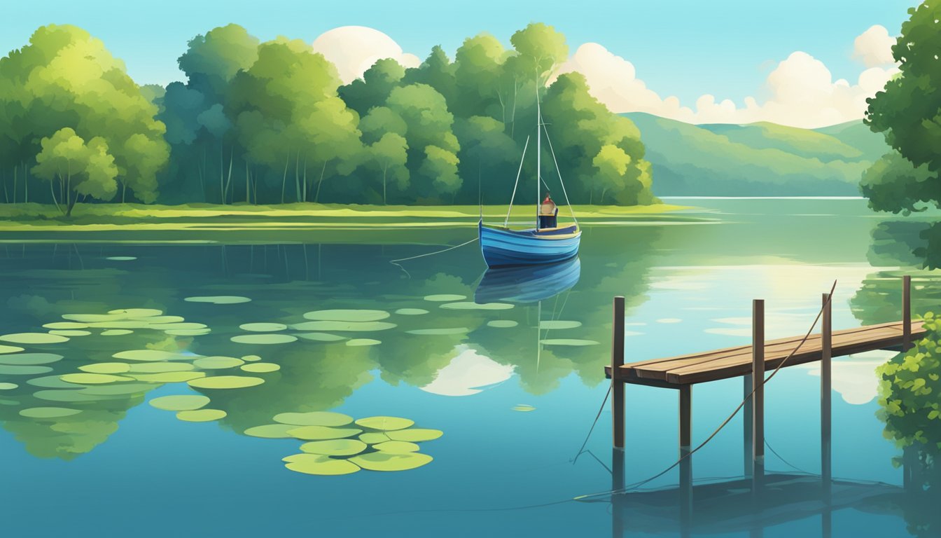 A serene lake with a wooden pier, surrounded by lush greenery and a clear blue sky. A lone fishing boat floats peacefully on the water