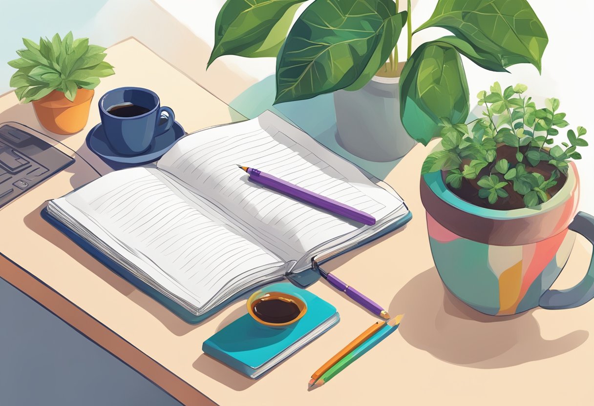 A cozy desk with a open journal, colorful pens, and a potted plant. A warm mug of tea sits nearby