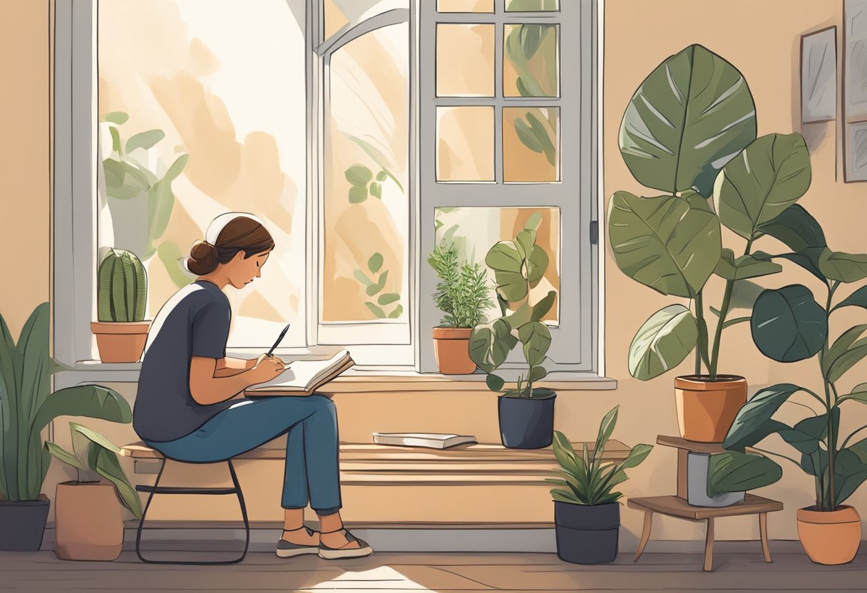 A cozy, sunlit corner with a journal, pen, and potted plant. A person sits, writing, surrounded by calm and focus Journaling Tips For Beginners