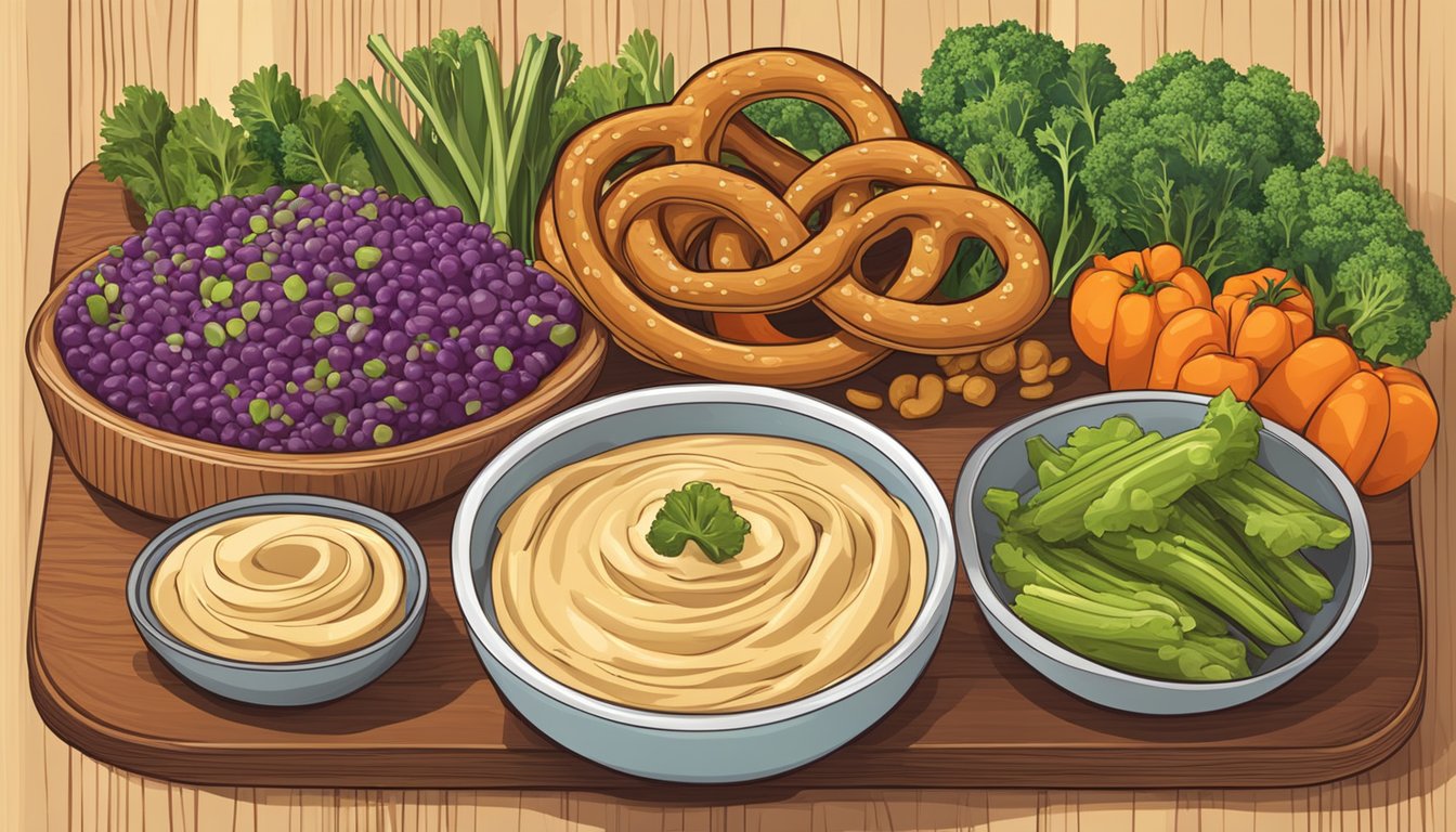 A variety of pretzels arranged on a wooden board, surrounded by fresh vegetables and a bowl of hummus