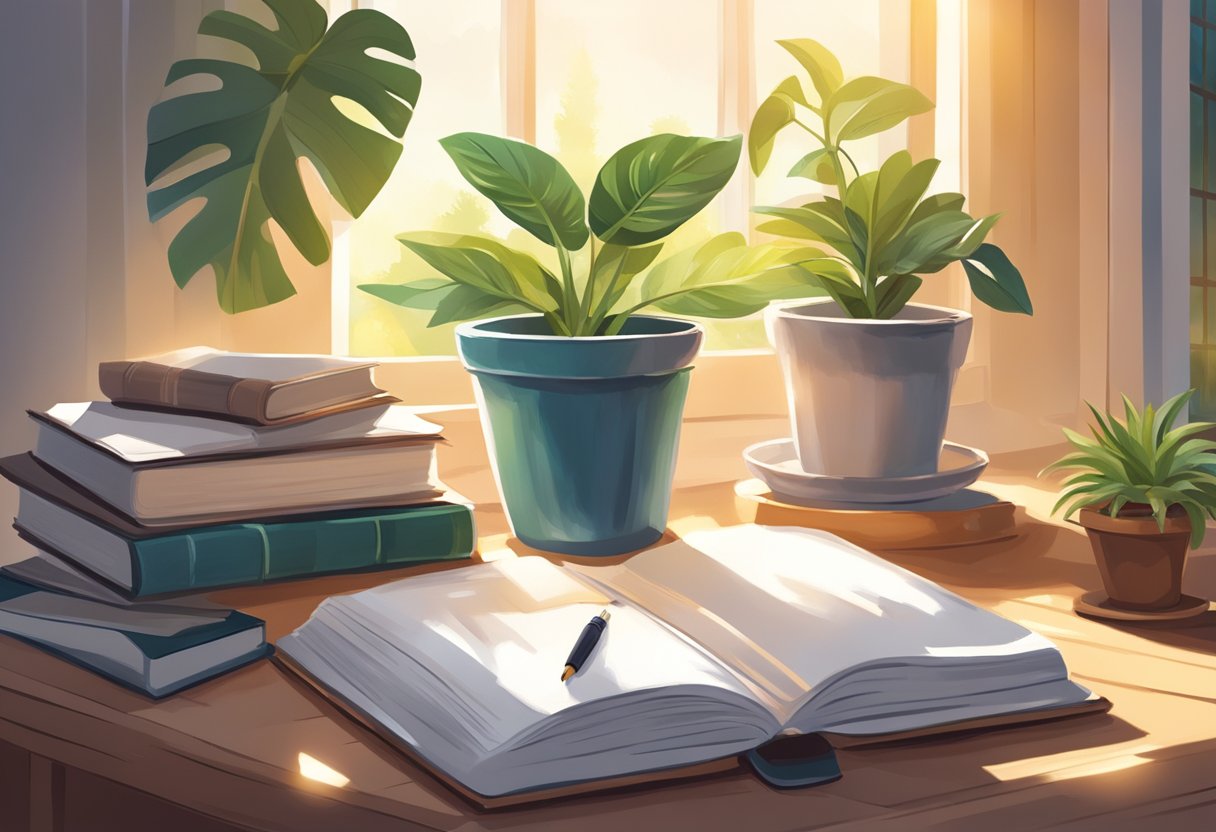 A cozy desk with a journal, pen, and potted plant. Sunlight streams through an open window, casting a warm glow on the peaceful scene Journaling Tips For Beginners