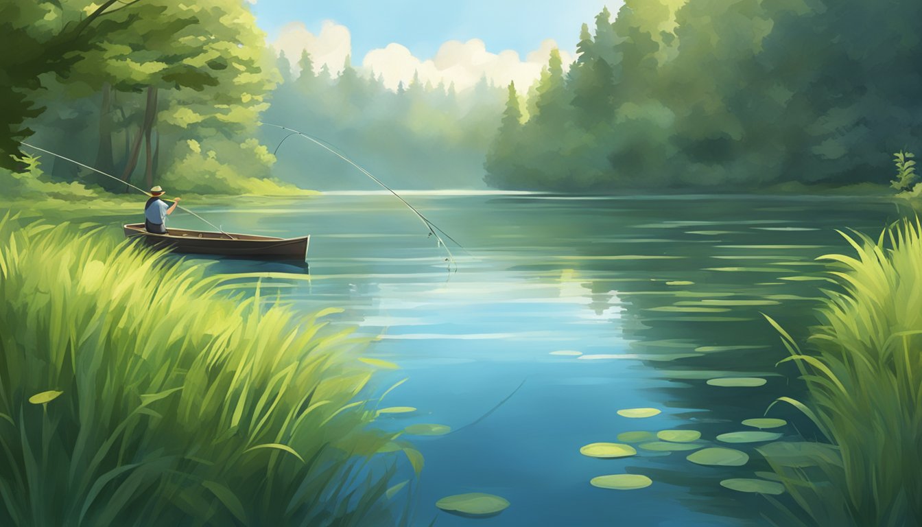 A serene lake surrounded by lush greenery, with a fishing rod casting into the water and a peaceful atmosphere