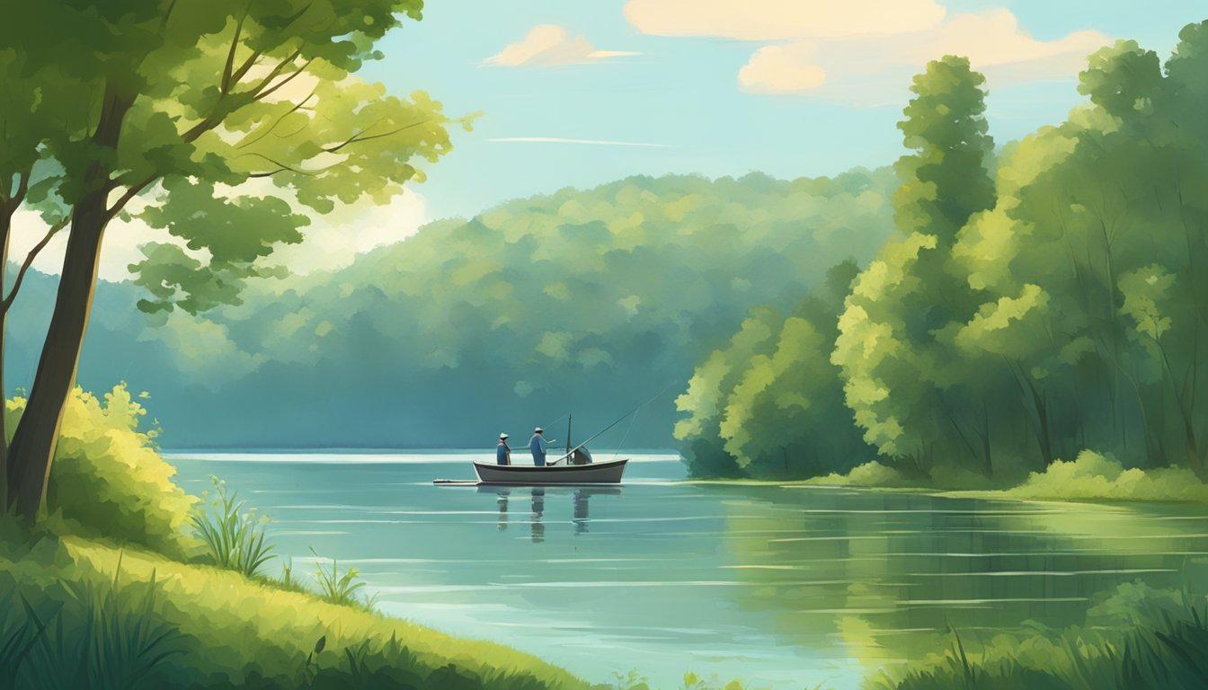 A serene lake surrounded by lush greenery, with a fishing boat and a fisherman casting their line into the water on a sunny day in Indiana