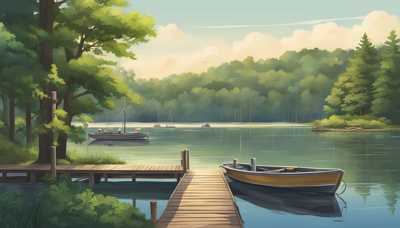 A serene lake in Iowa, surrounded by lush greenery, with a wooden pier extending into the water, and a few fishing boats docked nearby