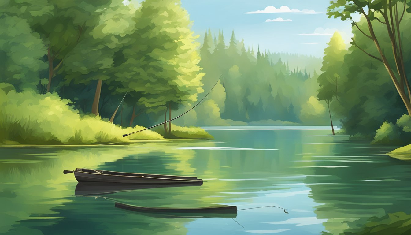 A serene lake surrounded by lush green trees, with a fishing rod and baited hook ready to be cast into the water