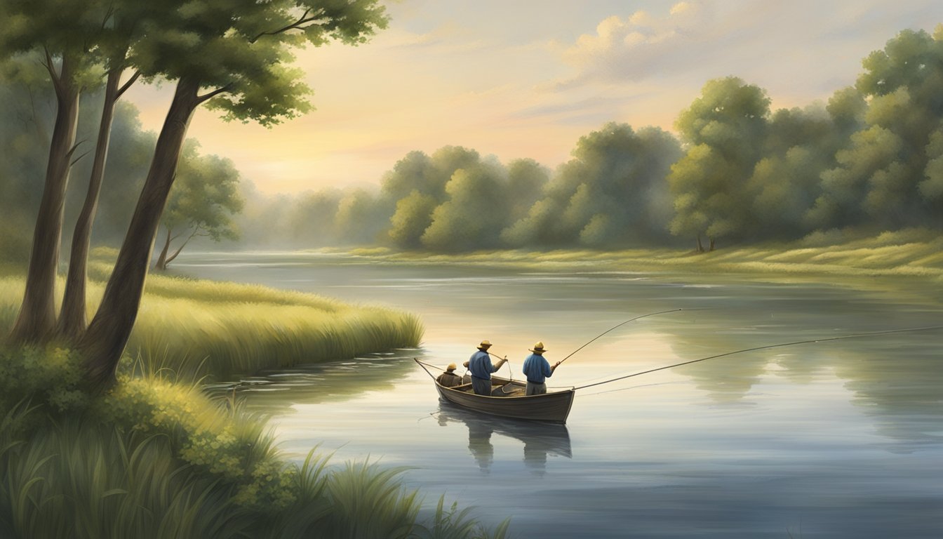 A group of fishermen casting lines into a tranquil river, surrounded by lush greenery and the peaceful Iowa countryside