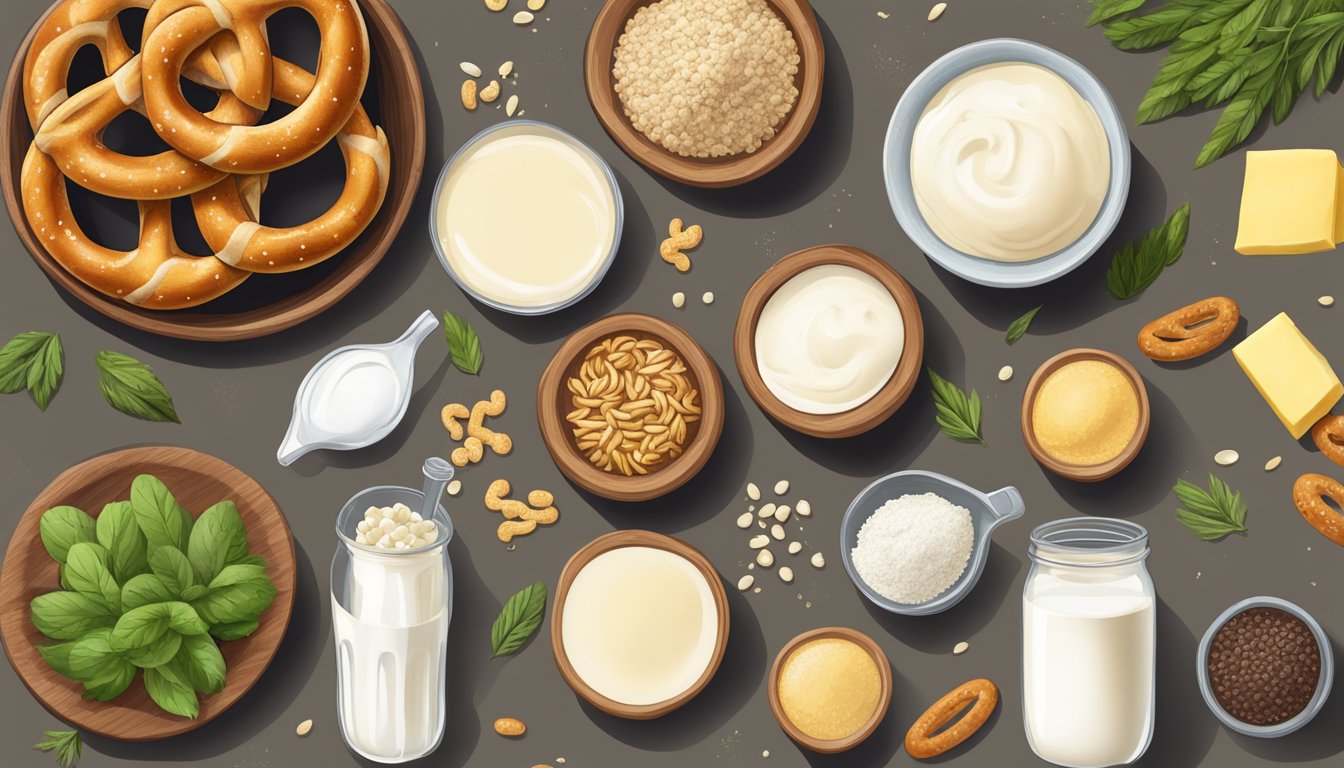 A table with a variety of vegan pretzel ingredients: flour, yeast, salt, and plant-based milk and butter alternatives