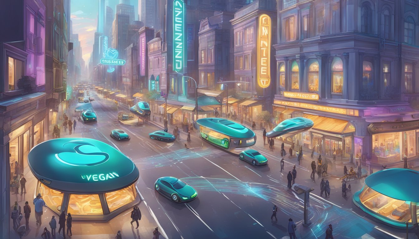 A bustling futuristic city street with holographic vegan pretzel signs and flying delivery drones