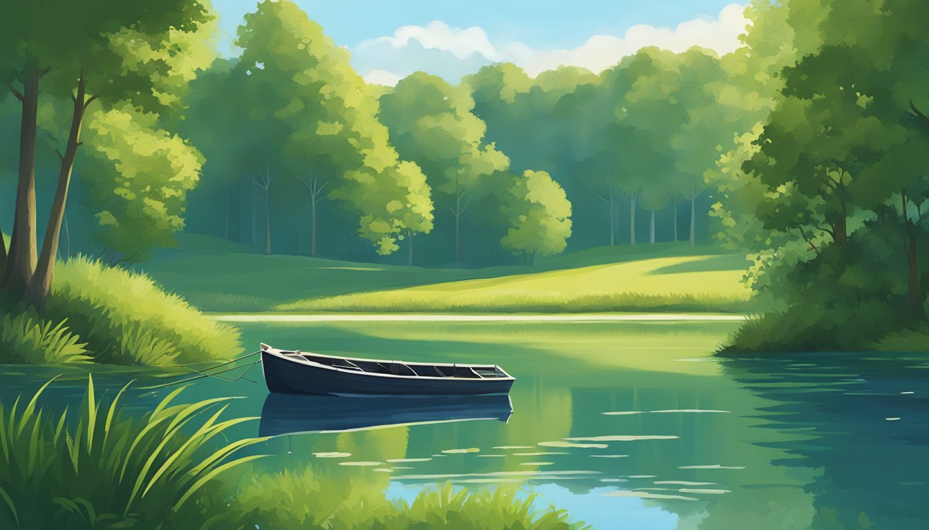 A serene lake in Kentucky with a lone fishing boat, surrounded by lush greenery and a clear blue sky