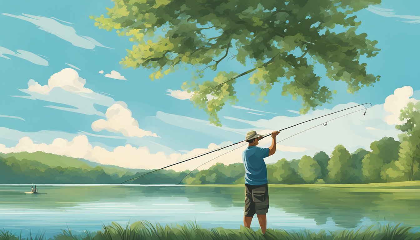 A fisherman casting a line into a tranquil Kentucky lake surrounded by lush greenery and a clear blue sky