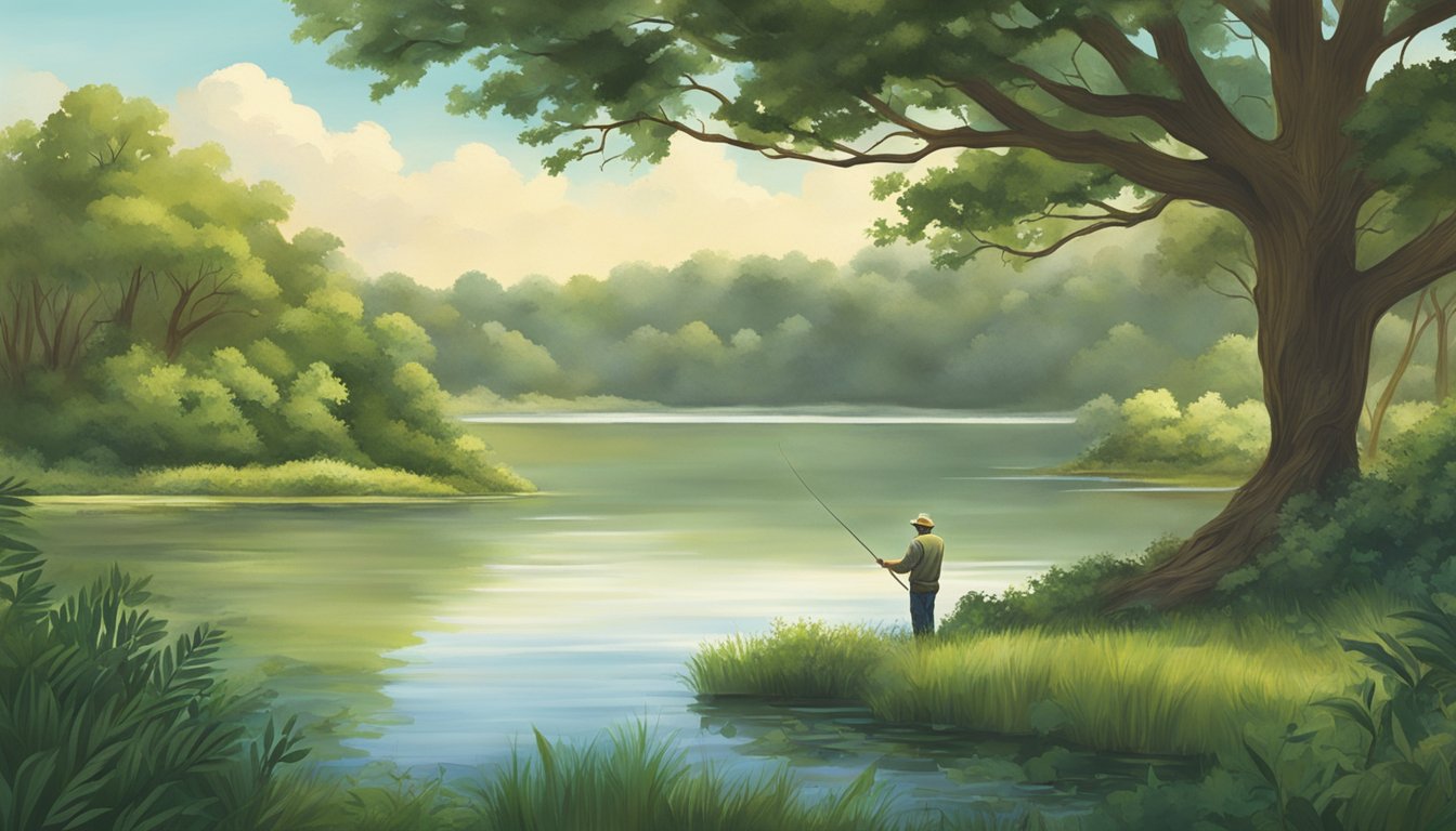 A serene lake in Kansas with a lone fisherman surrounded by lush greenery and wildlife, emphasizing the importance of conservation and ecology in the area