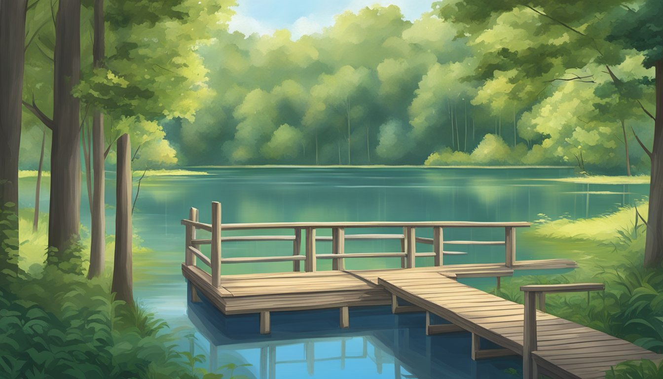 A serene lake in Kentucky with a wooden fishing dock surrounded by lush green trees and clear blue skies