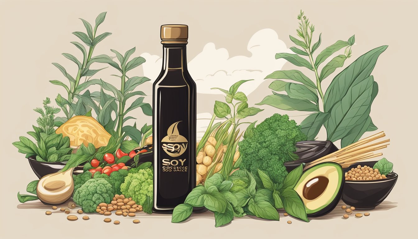 A bottle of soy sauce surrounded by various plant-based ingredients to illustrate the vegan nature of soy sauce