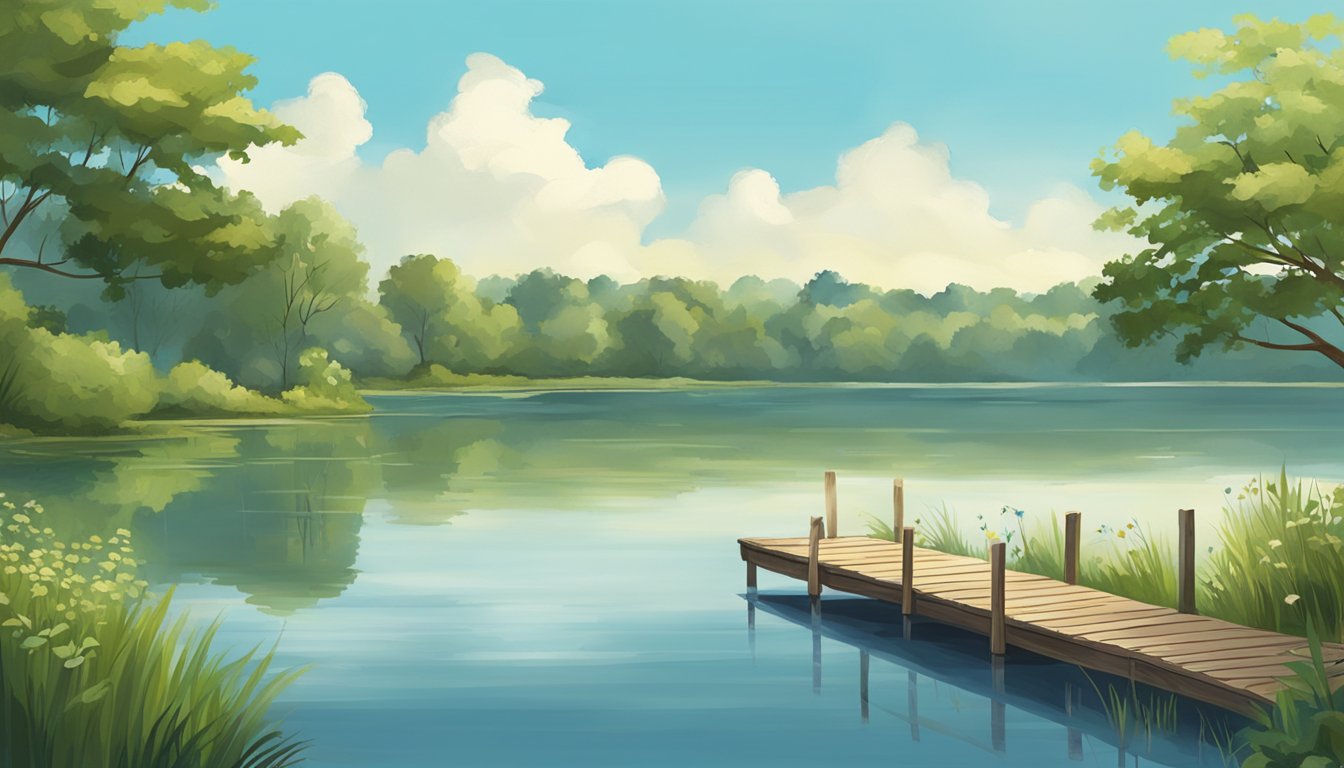 A serene lake in Kansas with a wooden fishing dock, surrounded by lush greenery and a clear blue sky