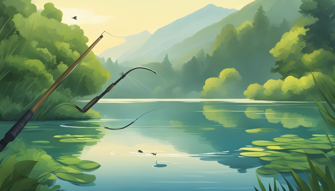 A serene lake surrounded by lush greenery, with a fishing rod casting into the water and a fish jumping out of the surface