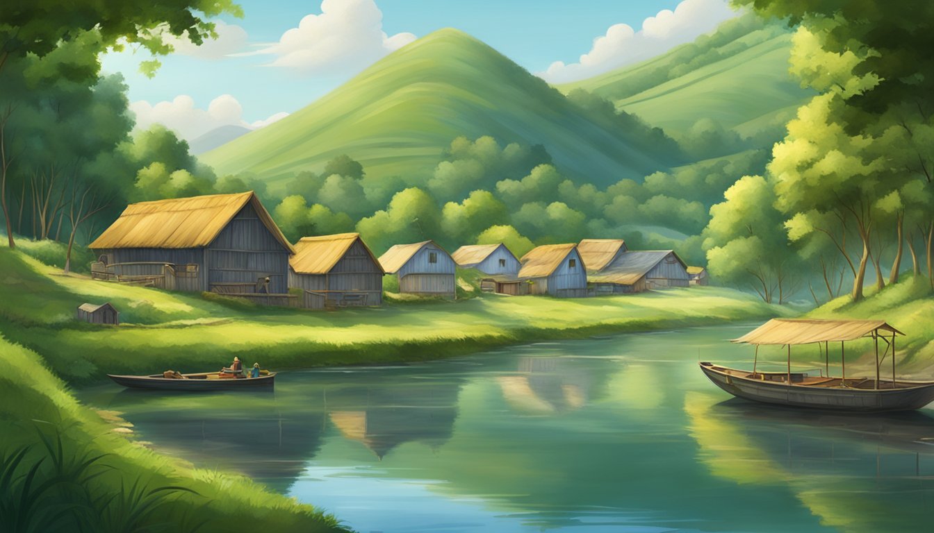 A peaceful riverbank with a small fishing village, surrounded by lush green trees and rolling hills in the background