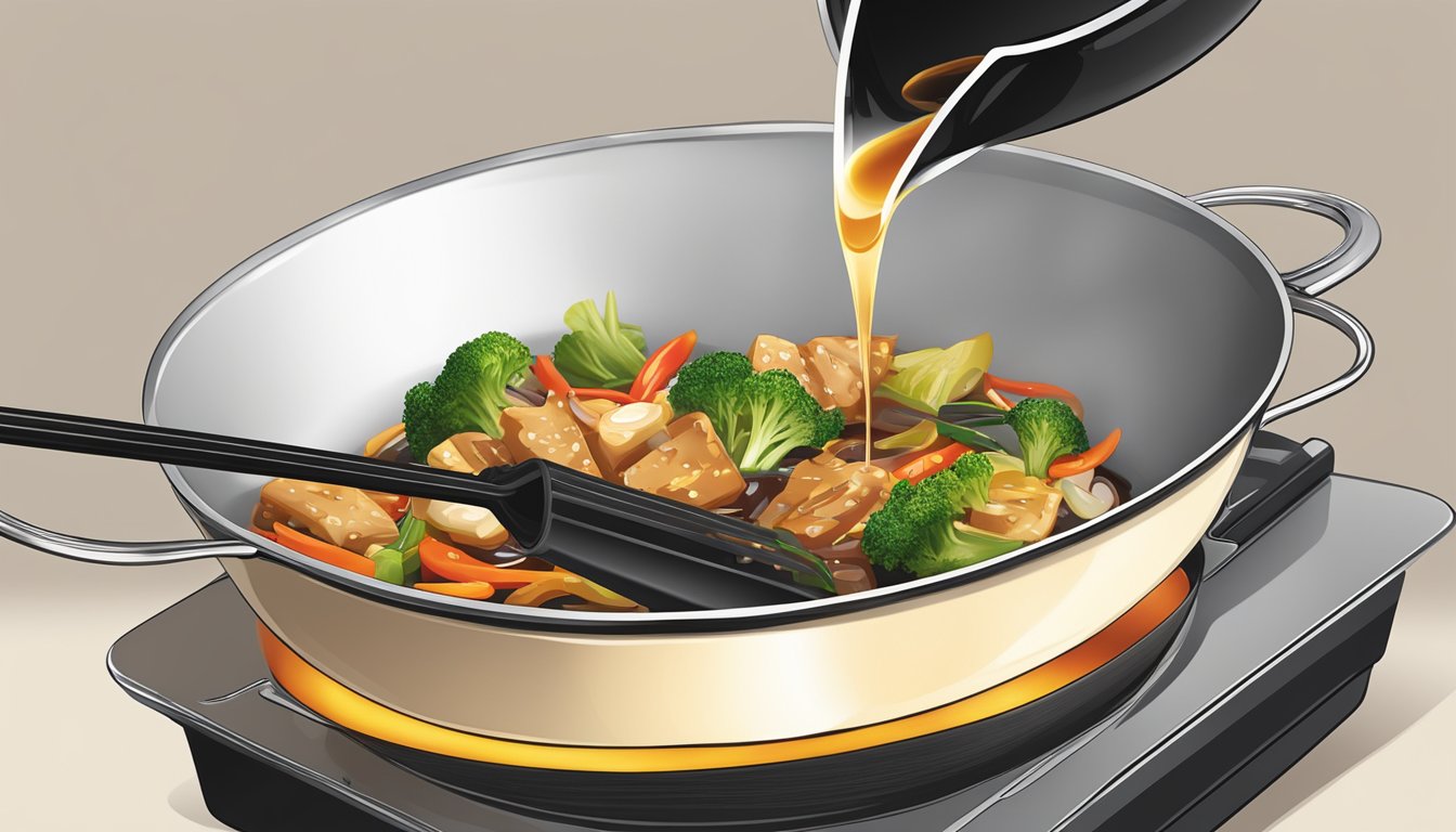 A bottle of soy sauce pouring into a sizzling stir-fry pan