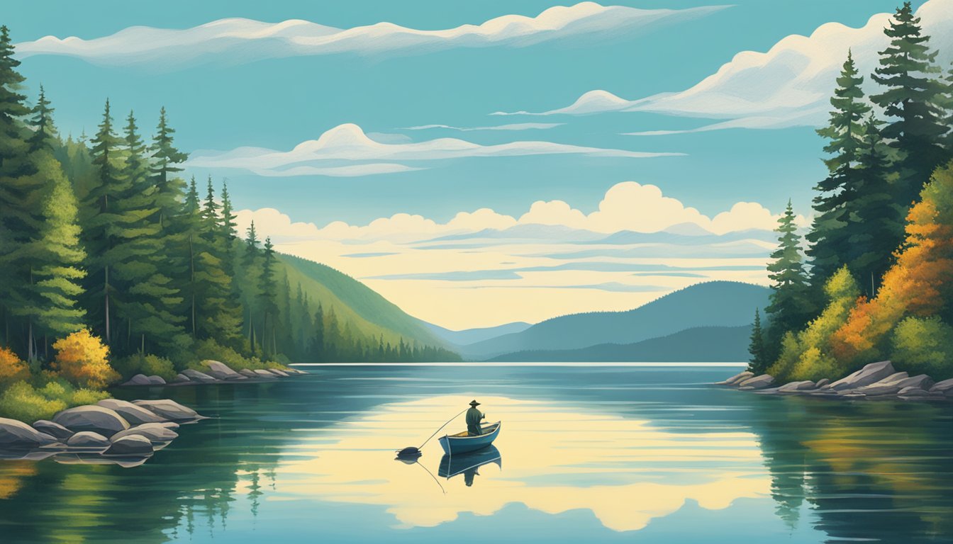 A serene lake in Maine, surrounded by lush forests and mountains. A fishing boat floats peacefully on the water, with a fisherman casting a line into the clear blue depths