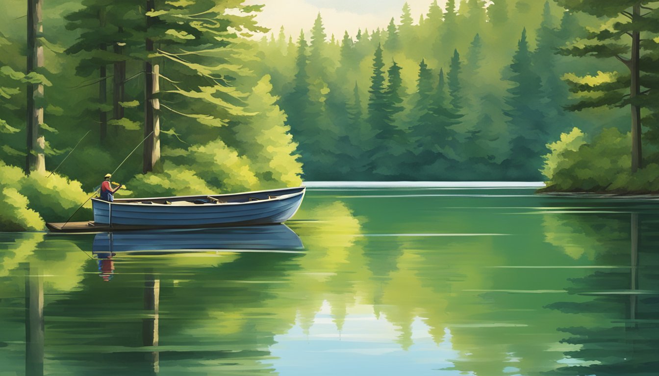 A serene lake in Maine surrounded by lush green trees, with a small fishing boat floating on the calm water and a fishing rod casting out into the tranquil scene