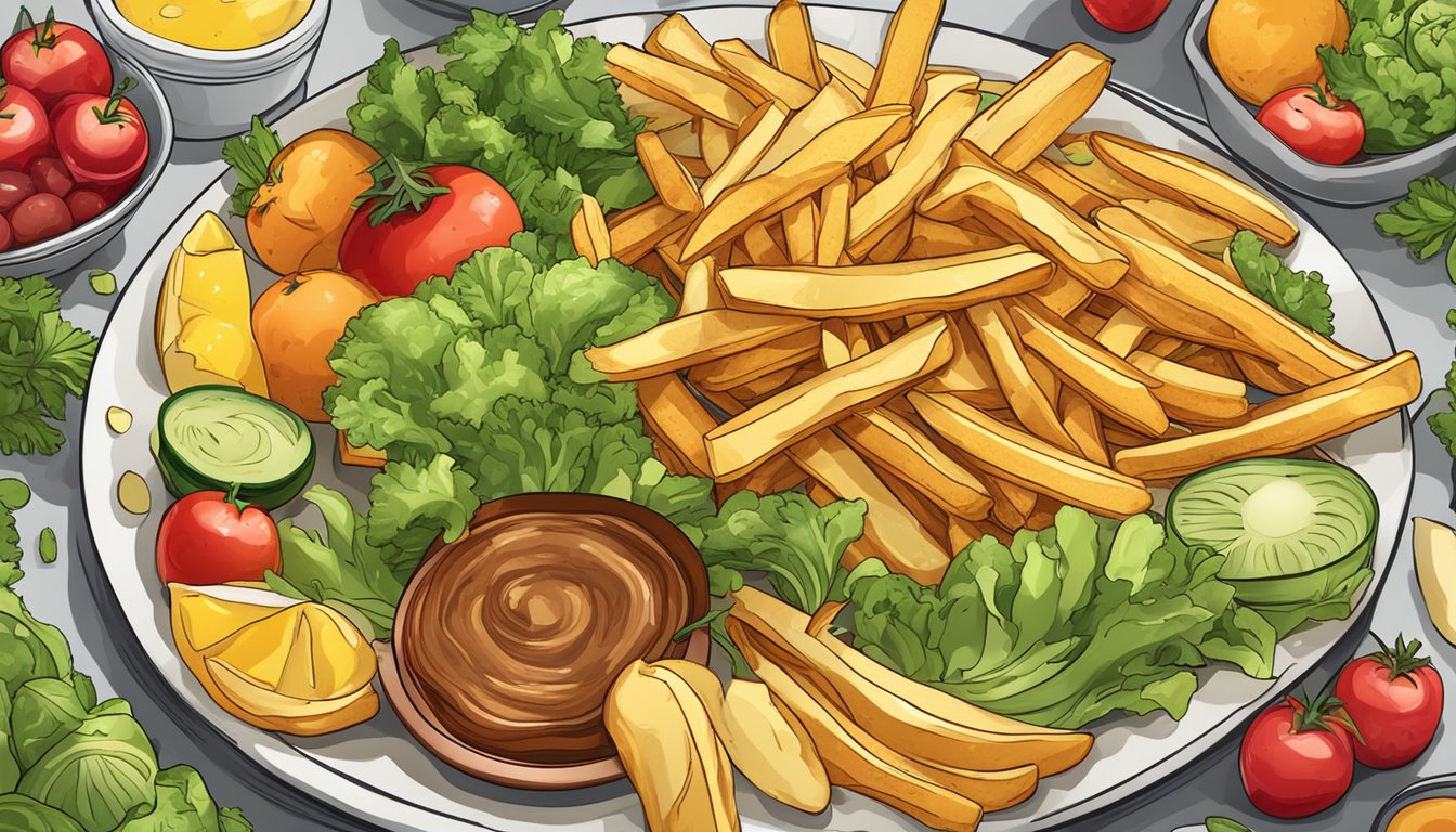 A plate of golden, crispy french fries surrounded by a variety of fresh vegetables and fruits, with a prominent "Vegan" label displayed