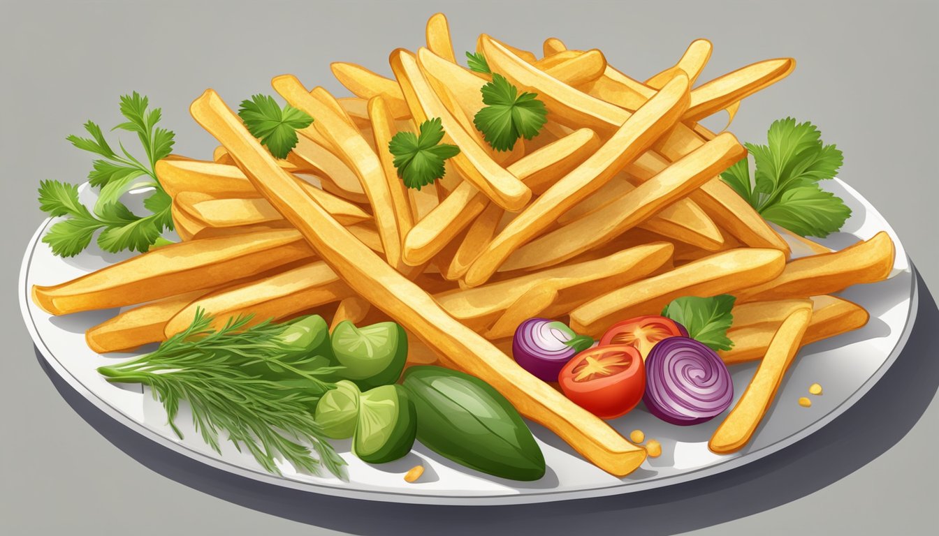 Golden crispy fries piled on a plate, surrounded by a variety of fresh vegetables and herbs