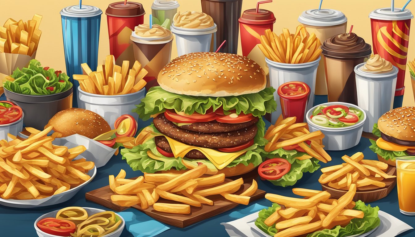 A colorful array of fast-food items, including burgers, wraps, and salads, with a prominent pile of golden, crispy french fries in the center