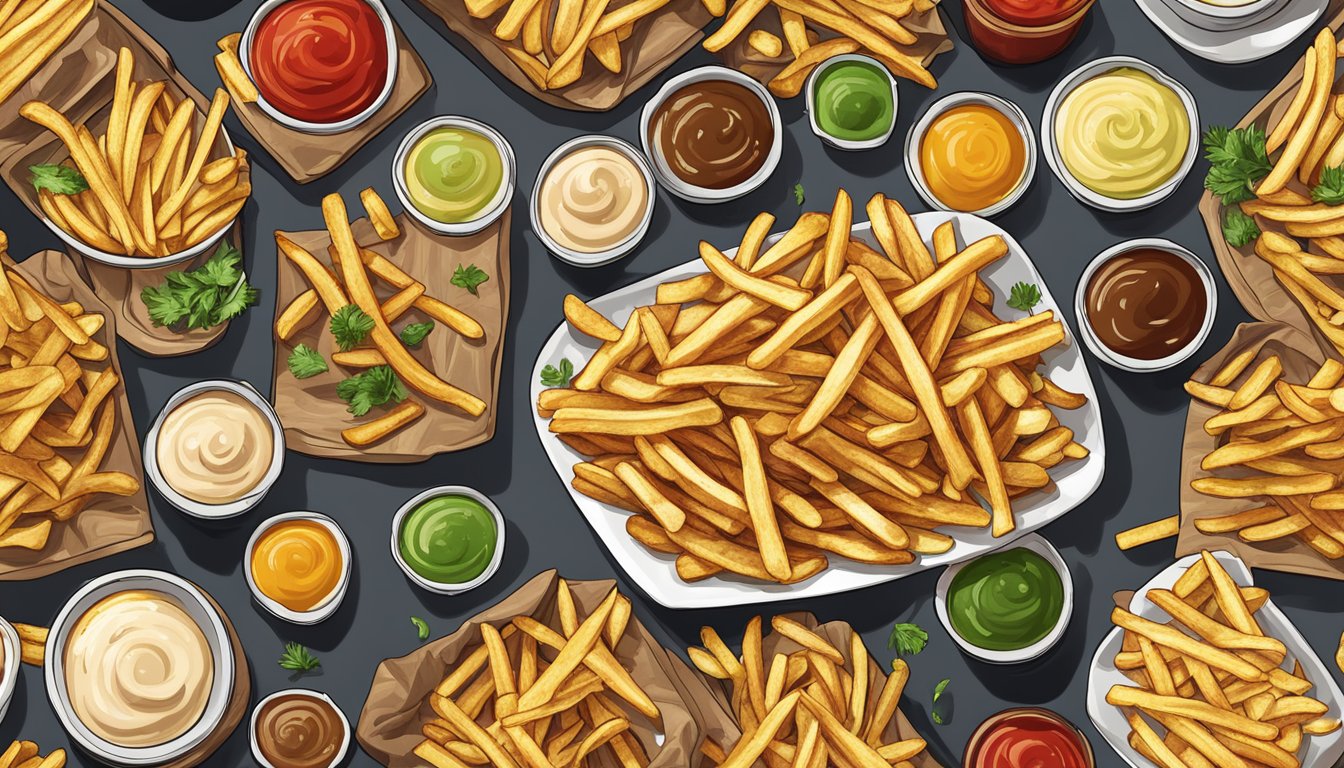 A pile of golden, crispy french fries arranged on a plate with a variety of vegan dipping sauces alongside